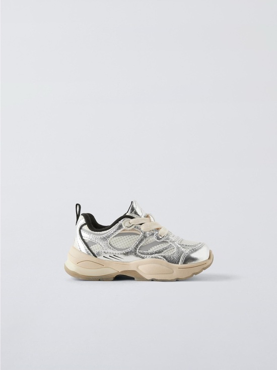 Zara Other - zara kids • size 7 toddler • metallic sneakers silver lace up chunky shoe
